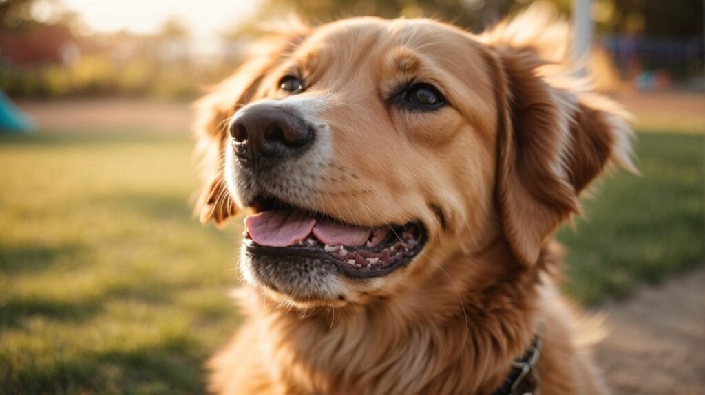 A golden retriever is sitting in the grass, happily wagging its tail.