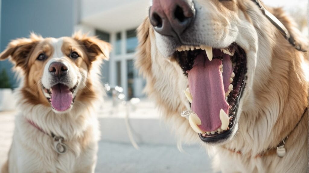 Two dogs with their tongues and teeth out in front of a building.