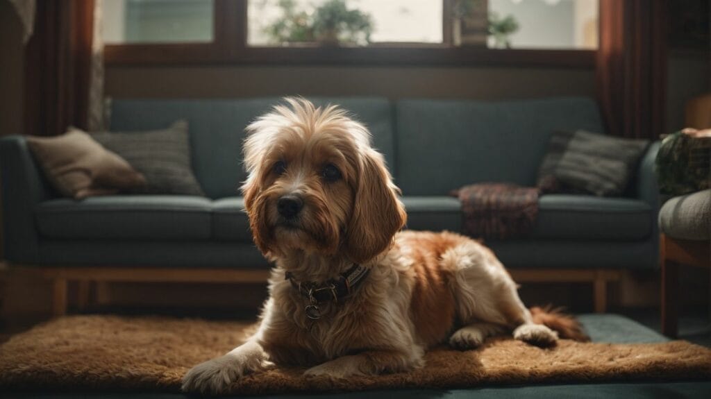 A cute dog sitting on a rug in front of a couch.
