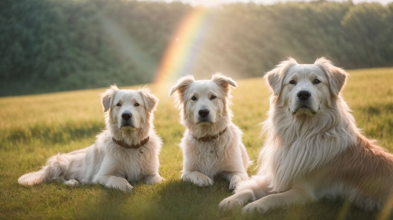 Three golden retriever dogs peacefully resting in the grass, with a rainbow in the background - a sight that would make any pet owner miss their beloved pets.