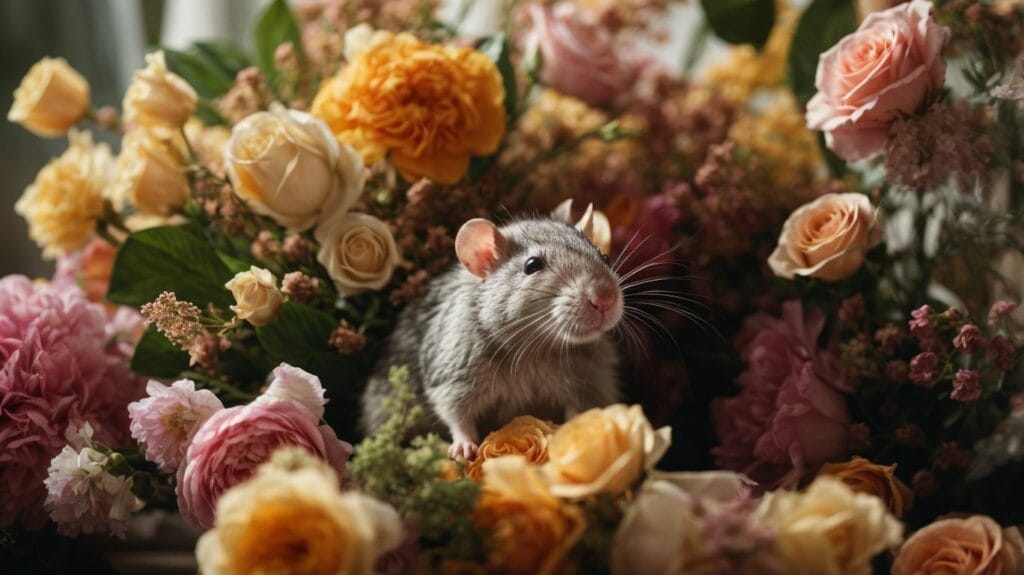 A gray rat is sitting in the middle of a bunch of flowers, overwhelmed by their sweet smell and bringing joy to pet rat enthusiasts.