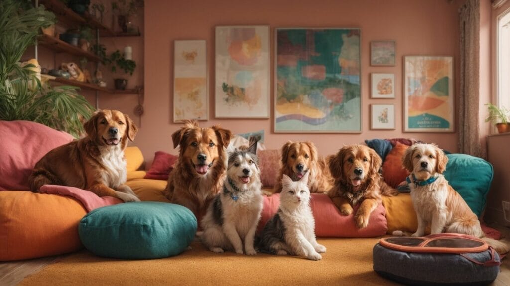A group of pets sitting on colorful pillows in an Airbnb living room.