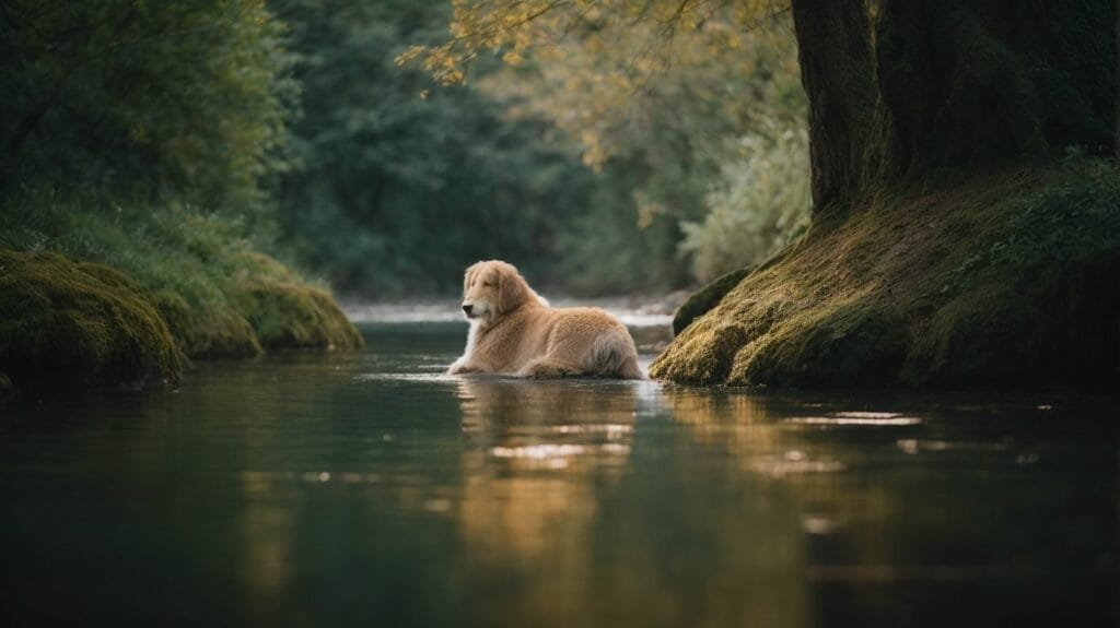 An adorable golden retriever is sitting peacefully in a river.