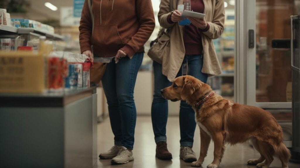 Two women standing next to a dog in a Petsmart store.