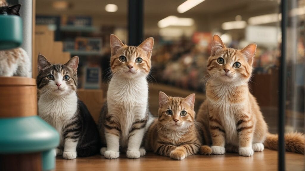 A group of cats for sale at Petsmart.
