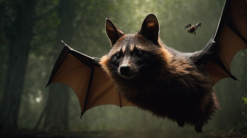 An image of a bat flying through the forest, showcasing the agility and grace of these animals.