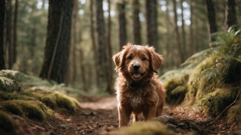 A heartworm-free dog walking through a forest.
