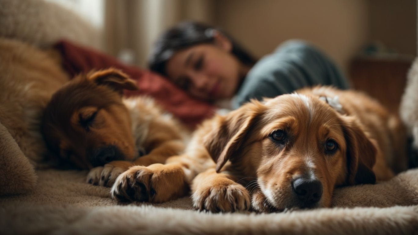 Two dogs laying on a couch with a woman.