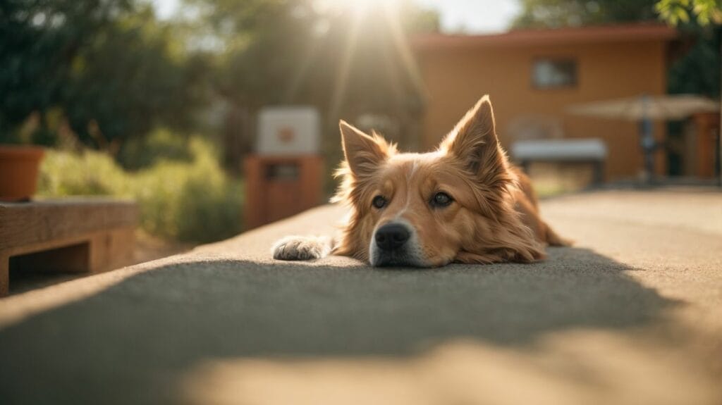 A dog is peacefully laying on the ground in front of a house.
