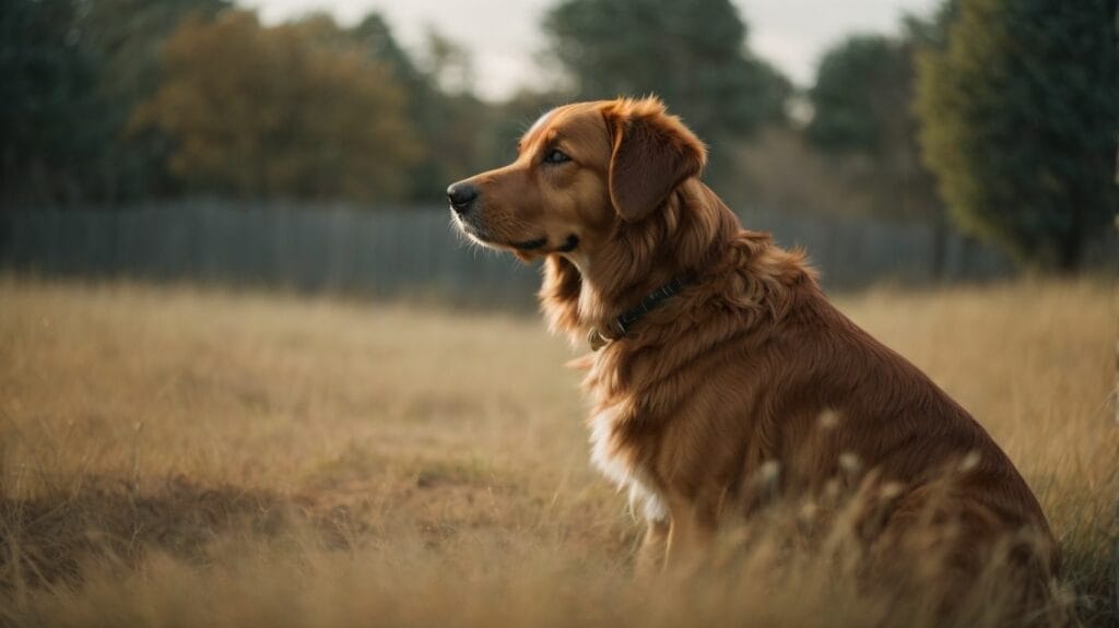 A golden retriever, known for their intelligence and loyalty, is peacefully sitting in a vibrant field.