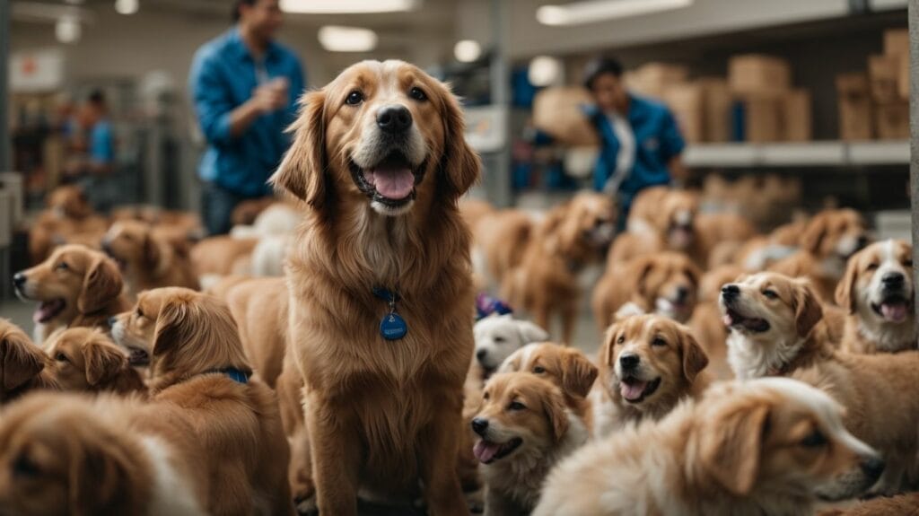 A pet warehouse with a large group of dogs.