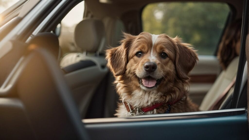 A pet-friendly dog happily sitting in the back seat of an Uber car.
