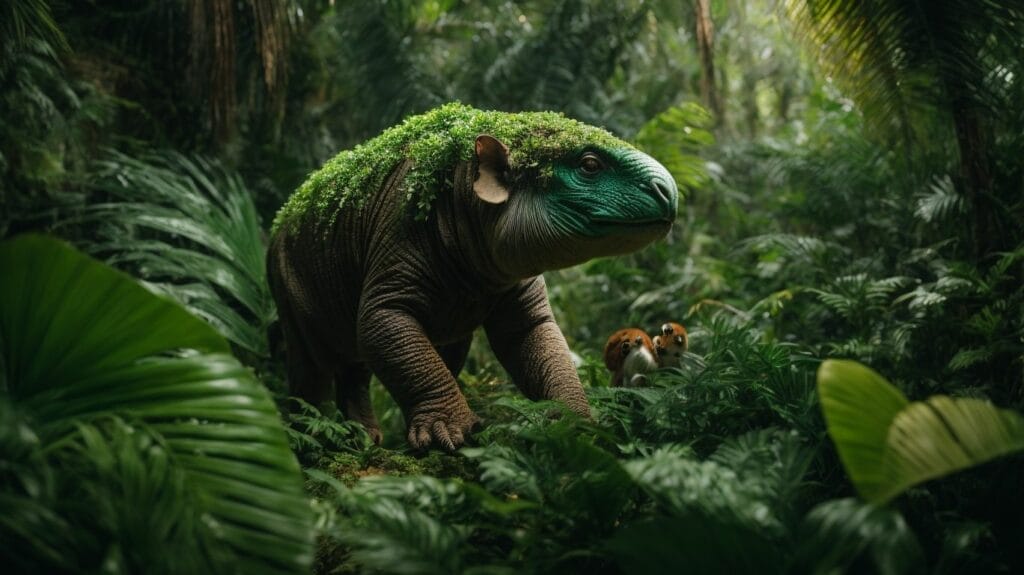 A tyrannosaurus is walking through the jungle, surrounded by towering plants and other prehistoric animals.