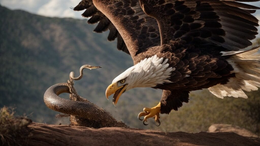 A bald eagle skillfully catches a snake on the ground and swiftly devours its prey.