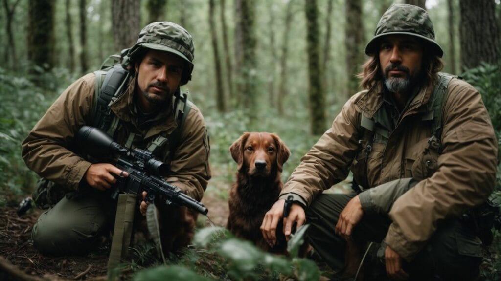 Two soldiers and their loyal dog cautiously navigate through the dense woods, wary of ticks and alert for any potential threat from wild animals.