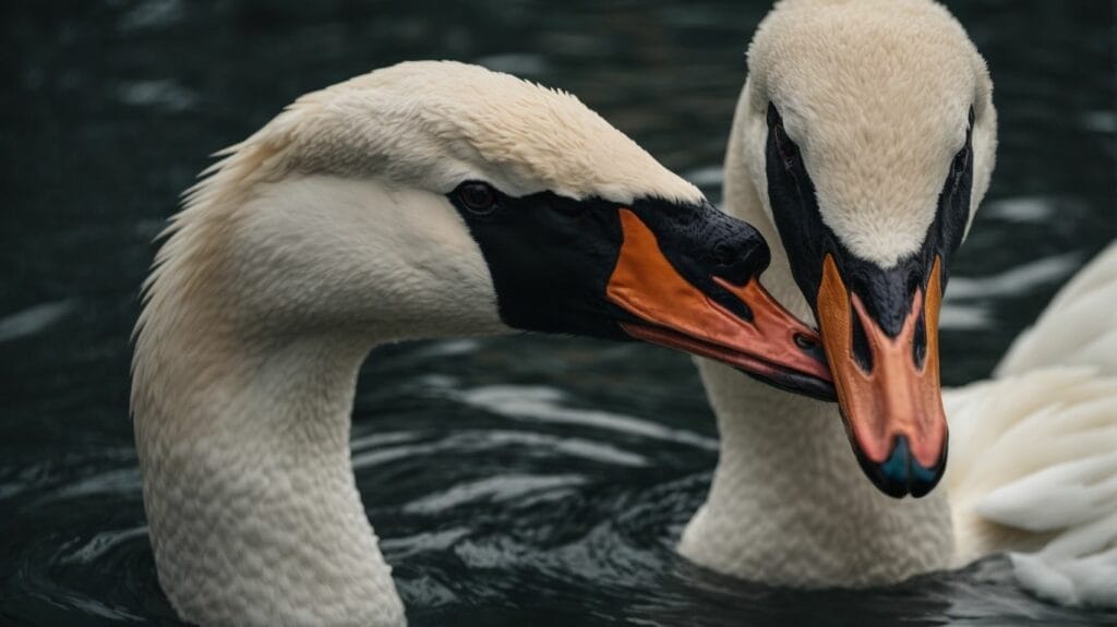 Two elegant swans gracefully swim together, displaying the beauty of animal companionship in their aquatic habitat.