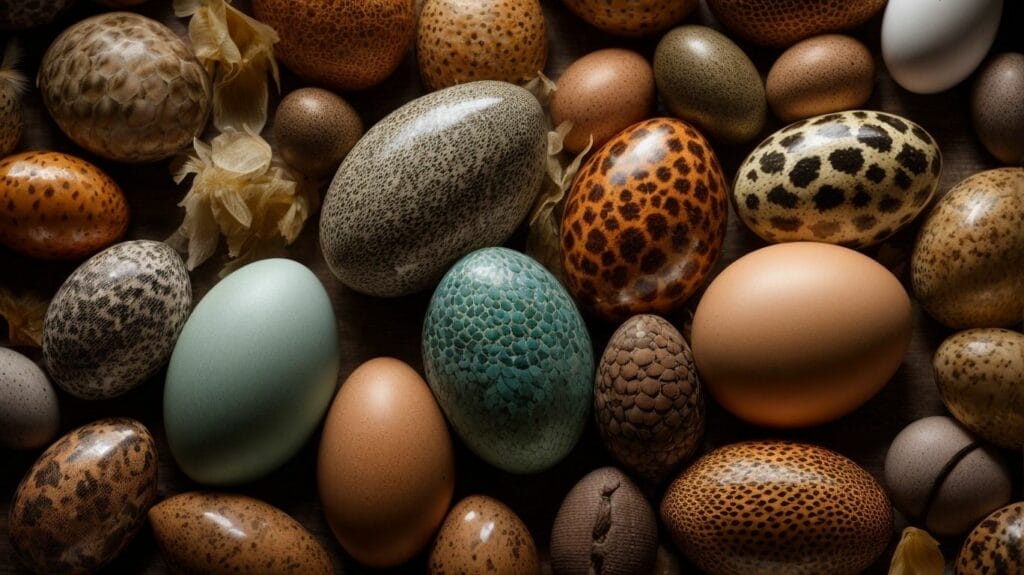 A group of animals laying different colored eggs on a dark background.