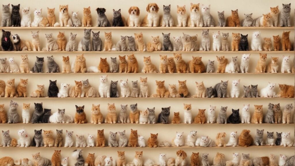 Many cats, with their adorable pet names, are sitting on shelves in front of a wall.