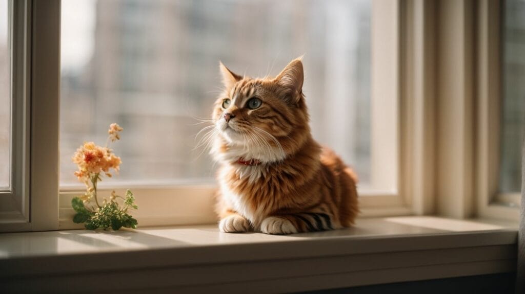 A pet cat sits on a window sill looking out.