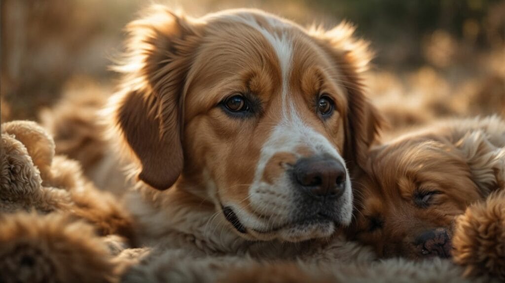 Two golden retriever puppies, a popular breed of dogs, peacefully laying in the grass.