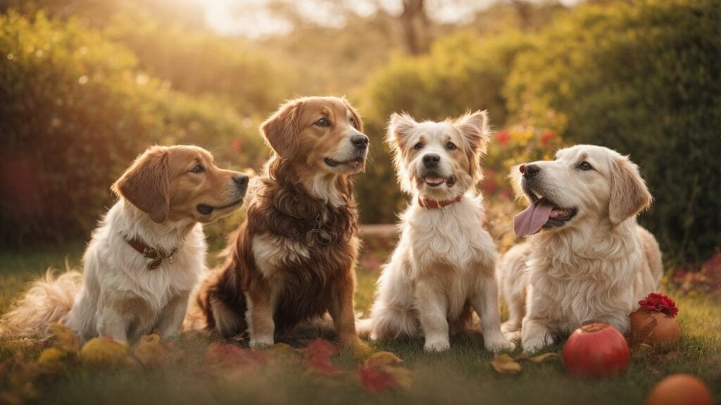 Four golden retriever dogs sitting in the grass during Pet Month.