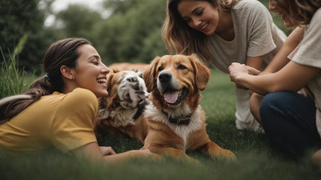 Three women sitting on the grass with a dog, celebrating National Pet Day.