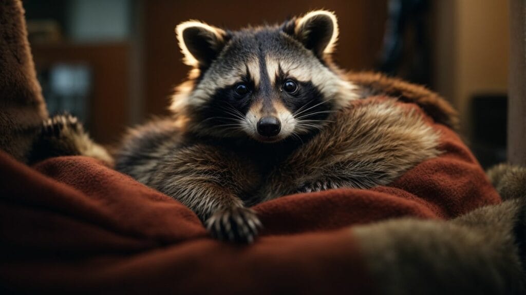 A pet raccoon is sitting on a blanket in front of a window.