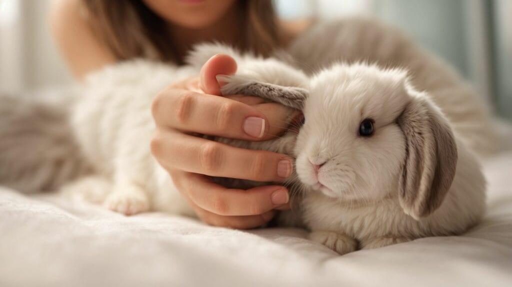 Learn how and where to pet rabbits as you watch a woman gently stroke a white rabbit on a bed.