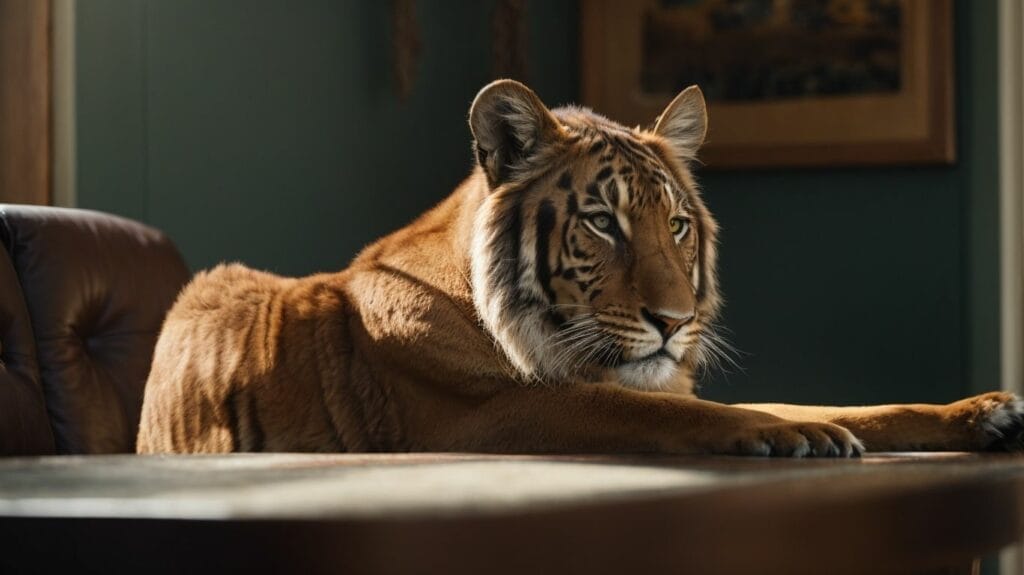 The most intelligent animal, a tiger, is sitting on a table in a room.