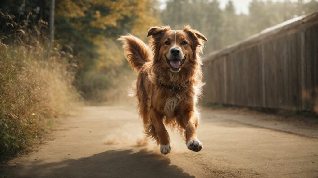 A golden retriever dog chasing its tail while running down a dirt road.