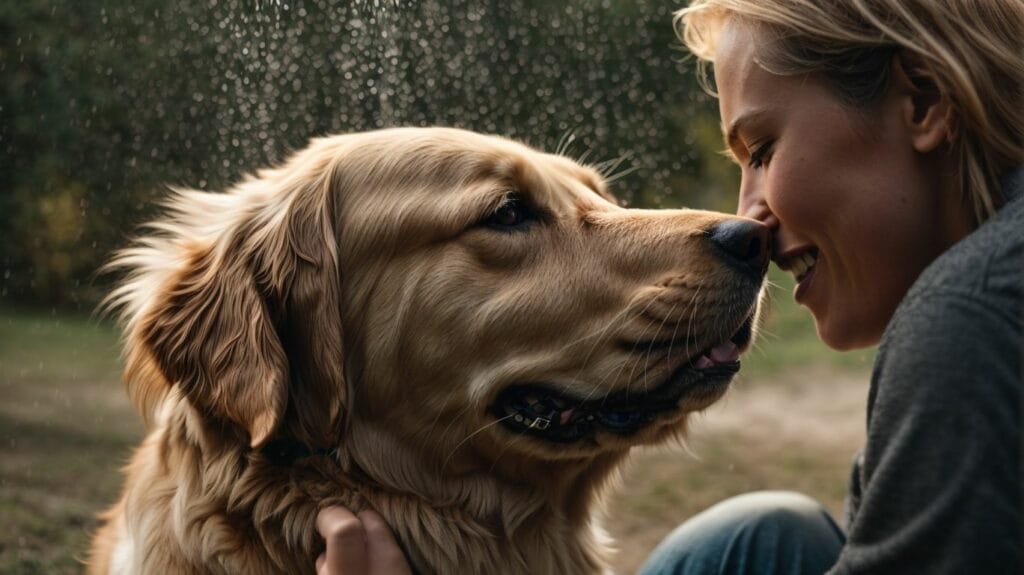 A woman affectionately kissing her dog in the rain.