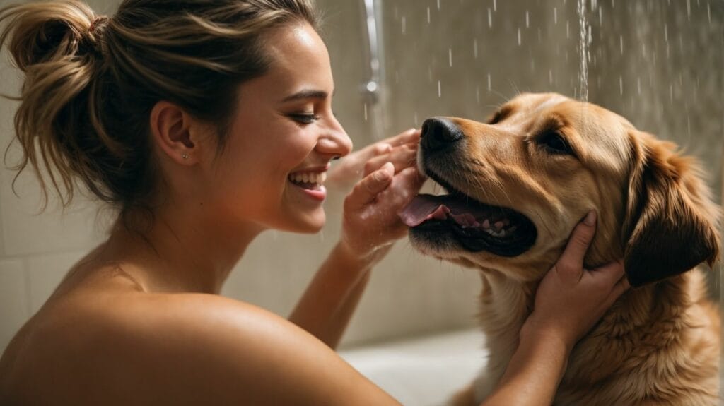 A woman is petting her dog in the shower, while the dog licks her face.