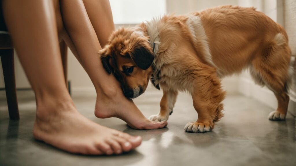 A woman's foot gently touches a dog's paw.