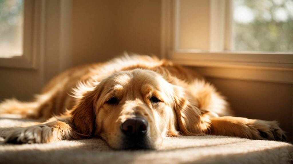 A golden retriever sleeping on a rug in front of a window.