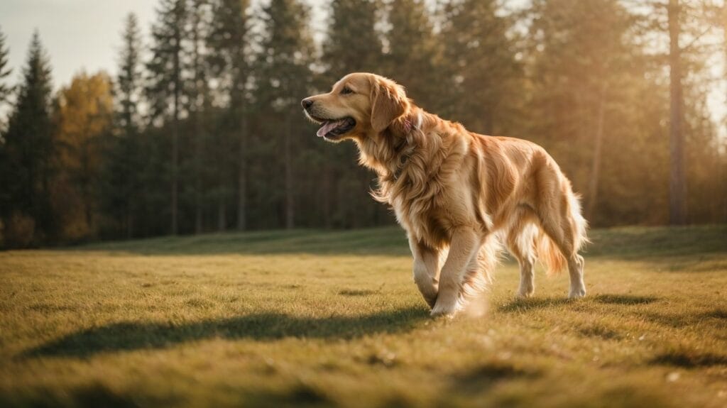 A golden retriever with wagging tail walking through a grassy field.