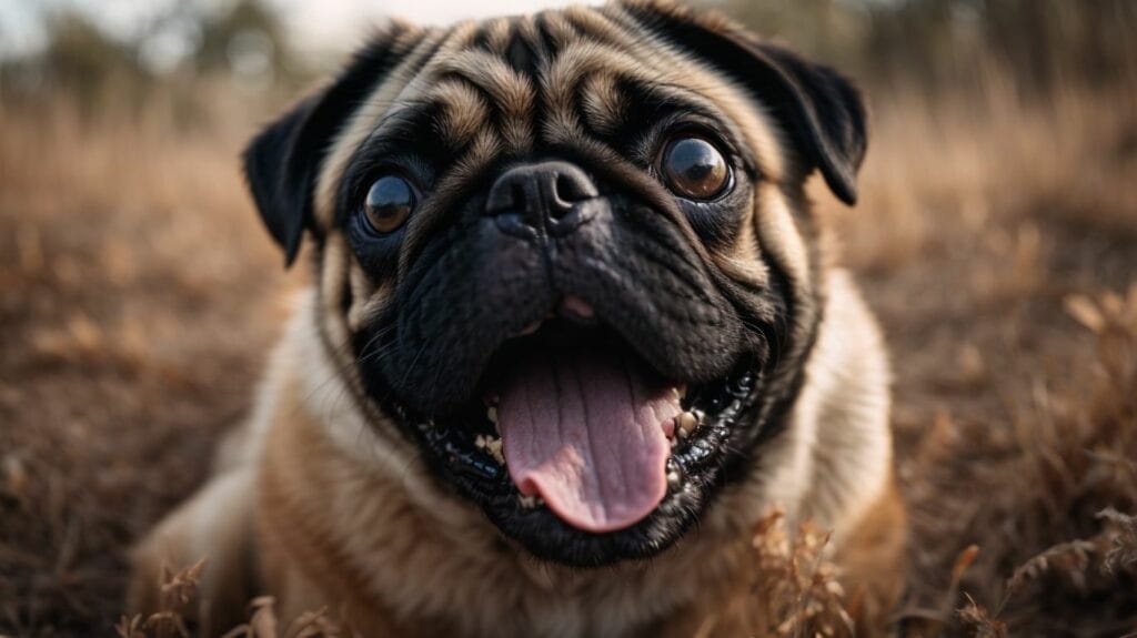 A cute pug dog is sitting in a field with its tongue out.