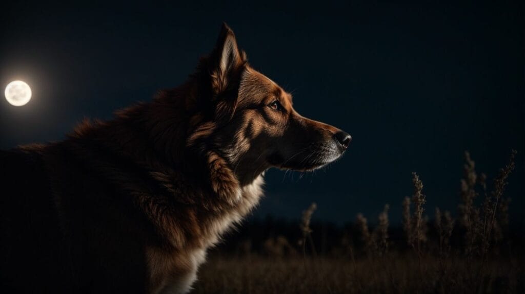 A dog is standing in a field admiring the moon.