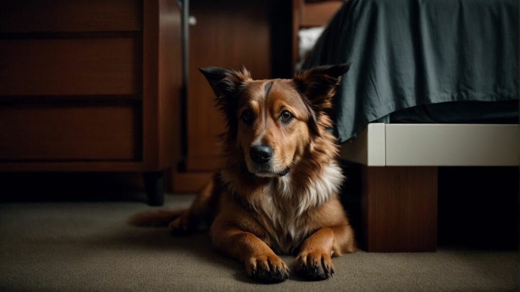 A scared brown dog laying on the floor in front of a bed.