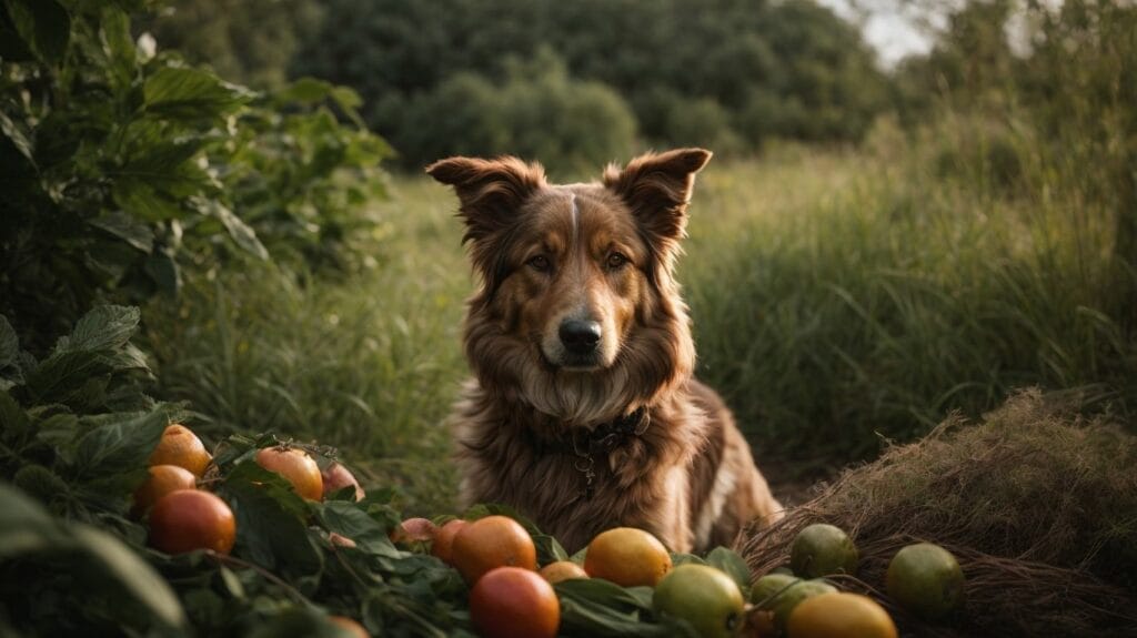 A dog sitting in a field enjoying the fresh tomatoes.