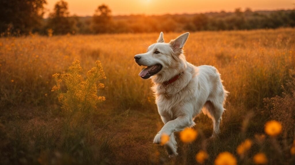 A white dog running in a field at sunset, symbolizing the pure joy that dogs bring into our lives.