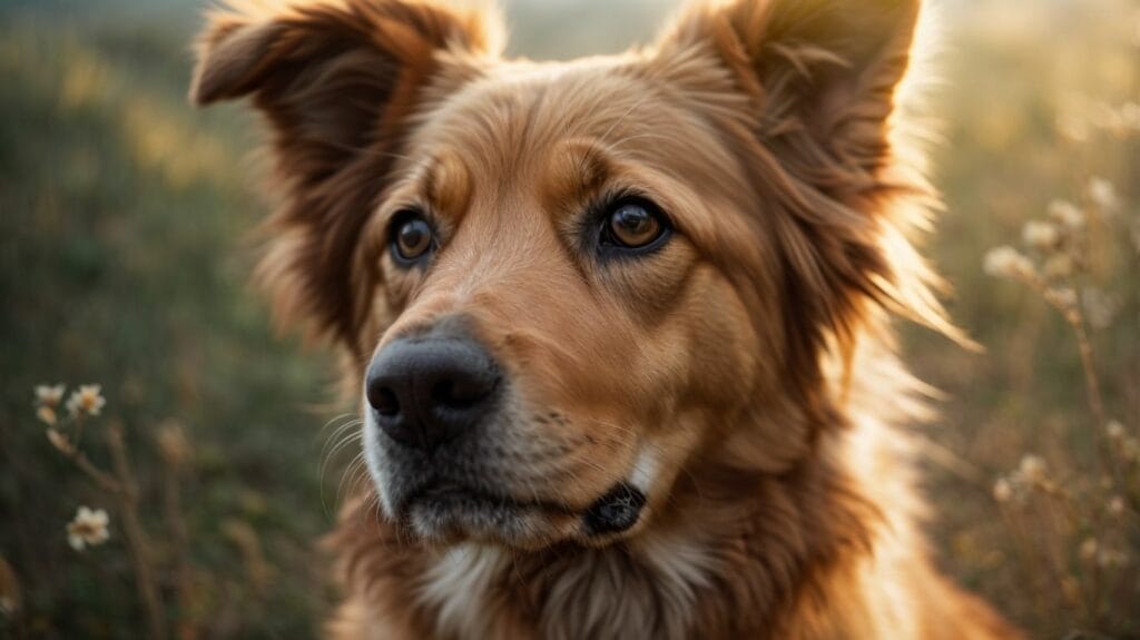 A golden retriever dog with expressive eyes is sitting contentedly in a field.