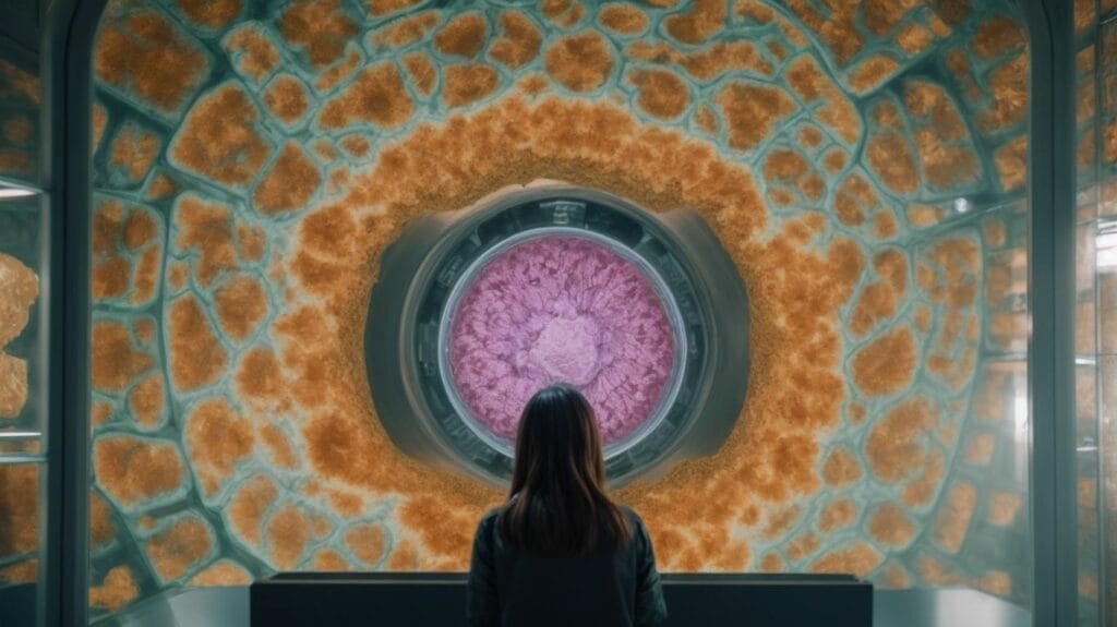 A woman is standing in front of a large circular screen, undergoing a PET scan for potential cancer diagnosis.