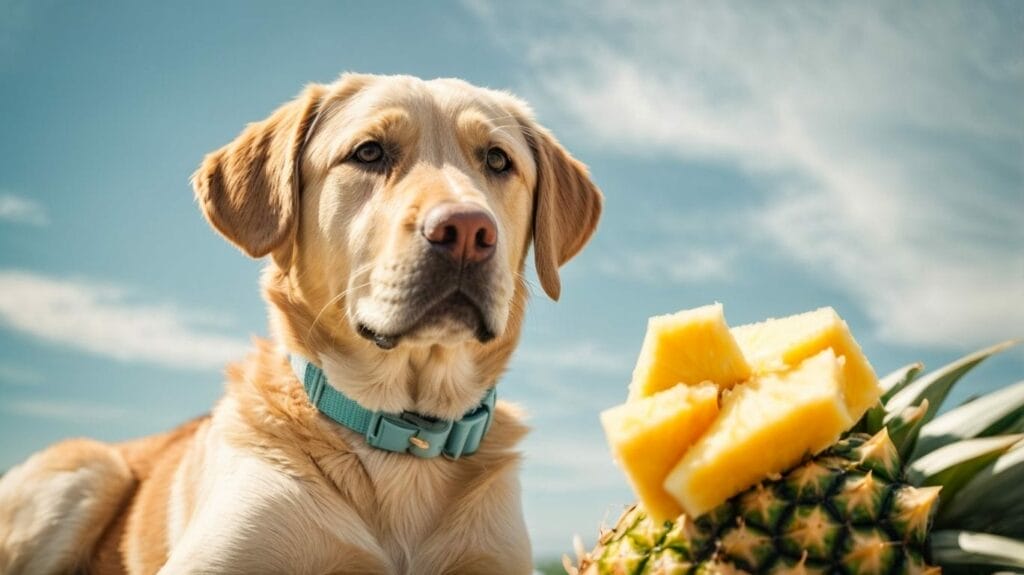 A dog is sitting next to a pineapple.
