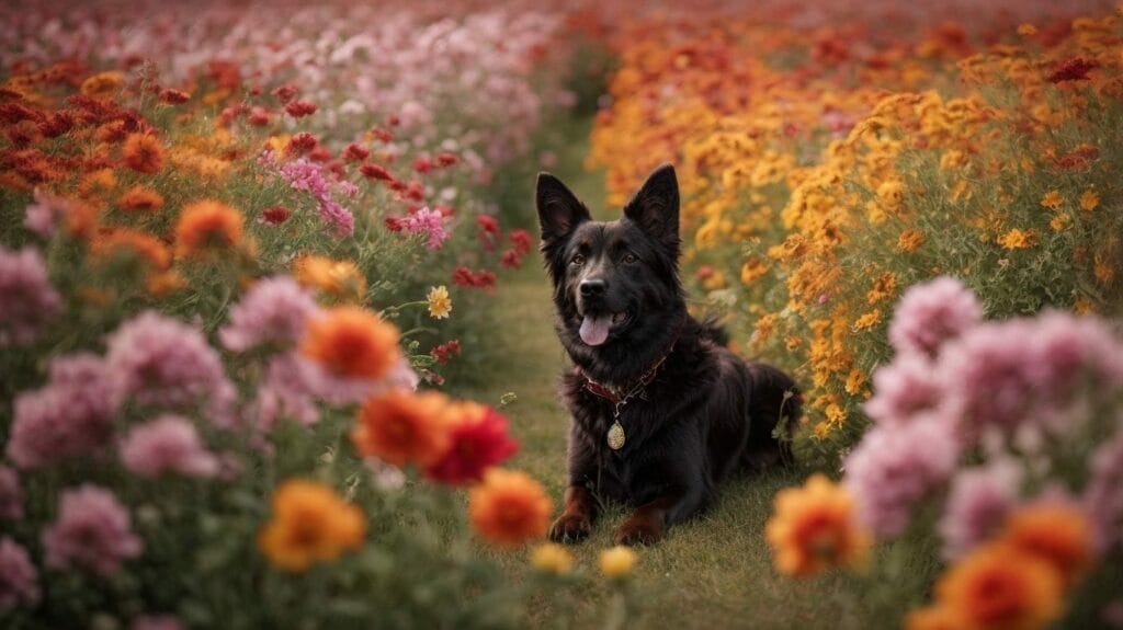 A black dog enjoying the heat in a field of flowers.
